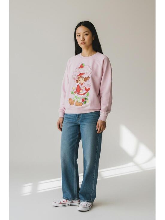 Strawberry Shortcake Tops - Retro Strawberry Shortcake & Custard the Cat Pink Crewneck Sweatshirt, Size S